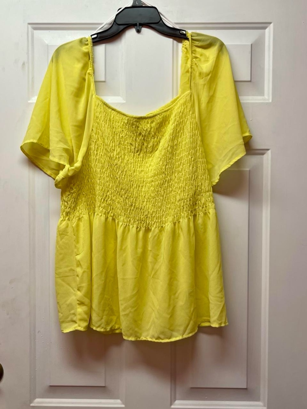 Bright Yellow Smocked Flutter-Sleeve Women's Blouse